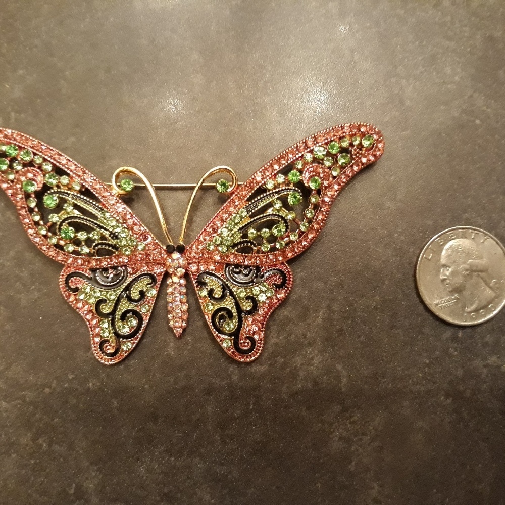 Pink and Green Rhinestone Butterfly Brooch